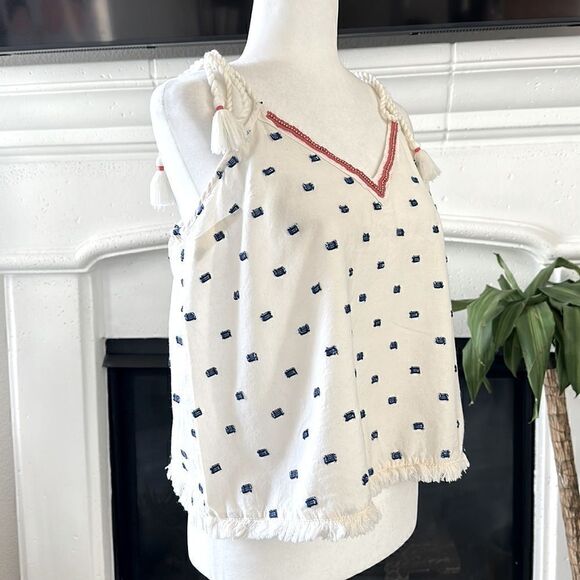 Aerie V Neck Raw Hem Tan Top Blue Stitching L Off White Red Rhinestone Boho - Picture 5 of 11